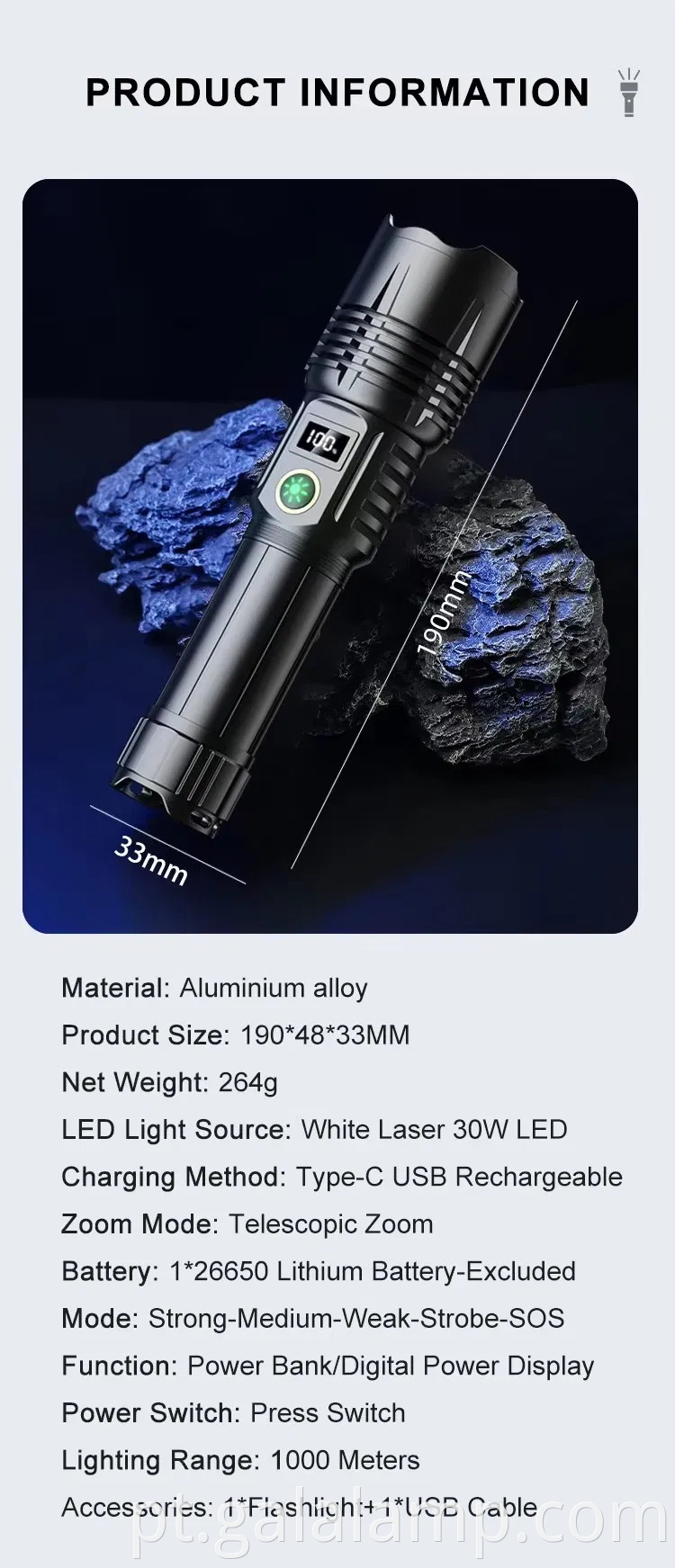 Zoom de alta potência, exibição digital forte forte, multifuncional e multi -nível ajustável lanterna